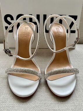 Schutz Crystal Encrusted Mulan Glam Patent Stiletto Sandals White 8.0 NIB